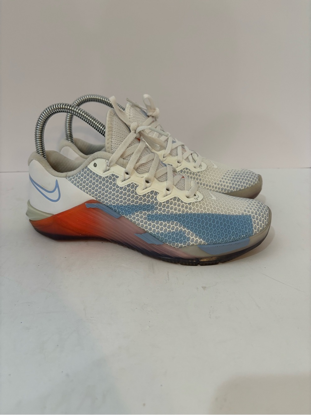 Nike White Mesh Training Shoes with Blue‎ and Orange Accents size 7